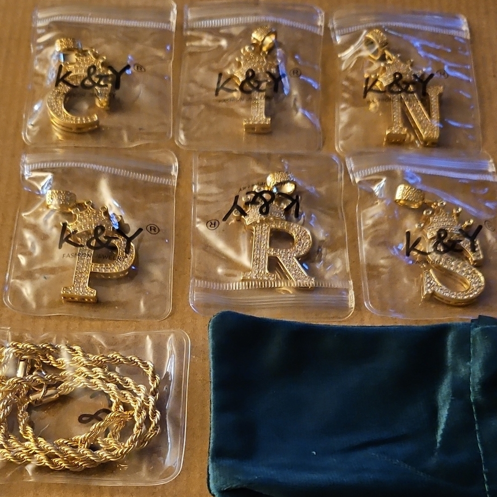 Gold Plated Initial w/Rhinestones on A Rope Chain (C,I,N,P,R,S)